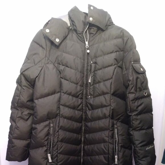 Eddie Bauer Down Puffer Parka Long Winter Coat Size Large Black Removable Hood - Picture 1 of 14